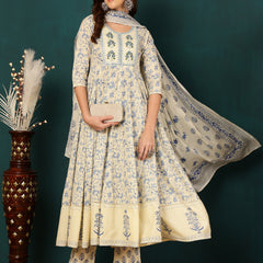 Blue Pure Cotton Floral Round Neck Flared Kurta, Pant & Dupatta Set For Women Mizaz Jaipur