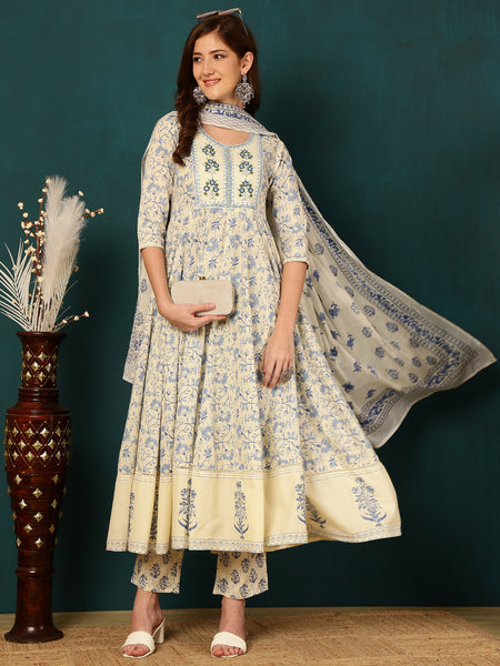 Blue Pure Cotton Floral Round Neck Flared Kurta, Pant & Dupatta Set For Women Mizaz Jaipur