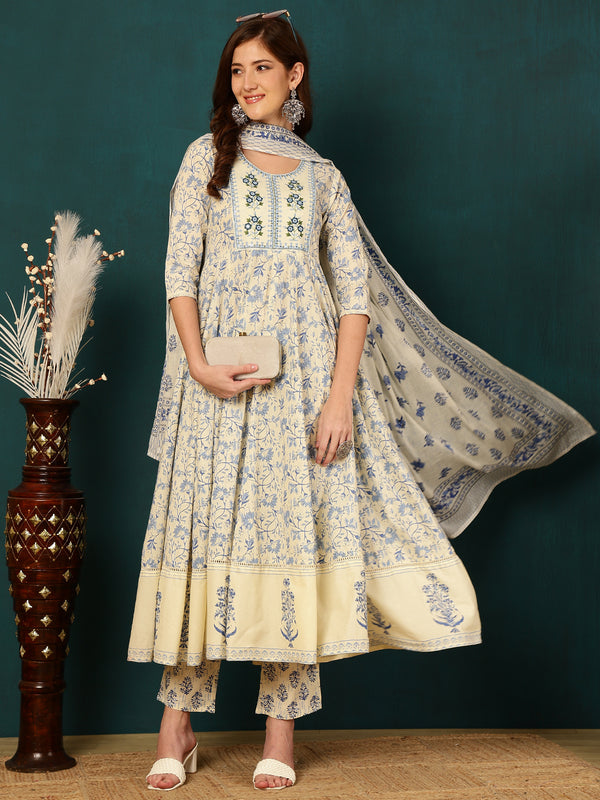 Blue Pure Cotton Floral Round Neck Flared Kurta, Pant & Dupatta Set For Women Mizaz Jaipur