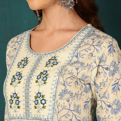 Blue Pure Cotton Floral Round Neck Flared Kurta, Pant & Dupatta Set For Women Mizaz Jaipur