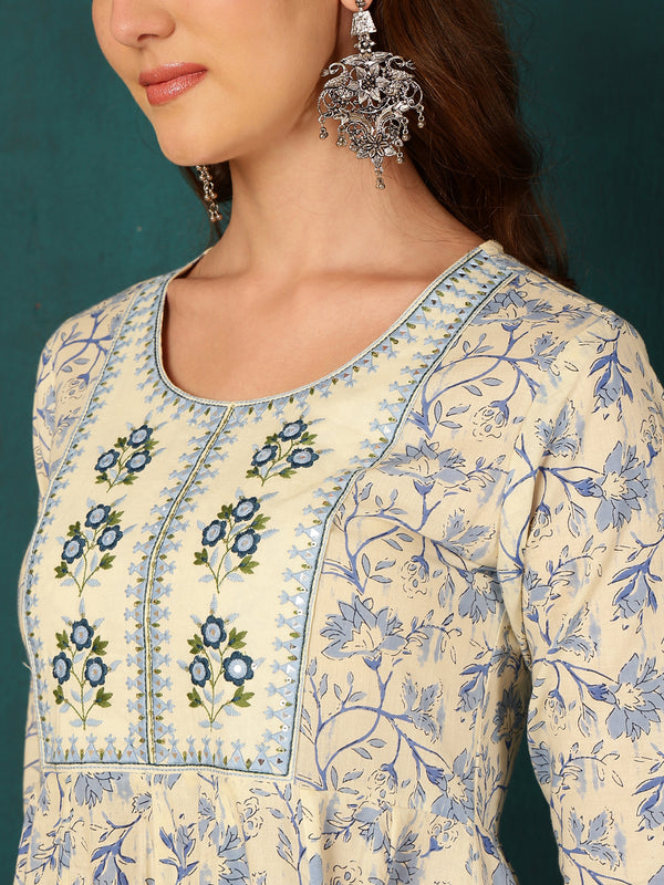 Blue Pure Cotton Floral Round Neck Flared Kurta, Pant & Dupatta Set For Women Mizaz Jaipur