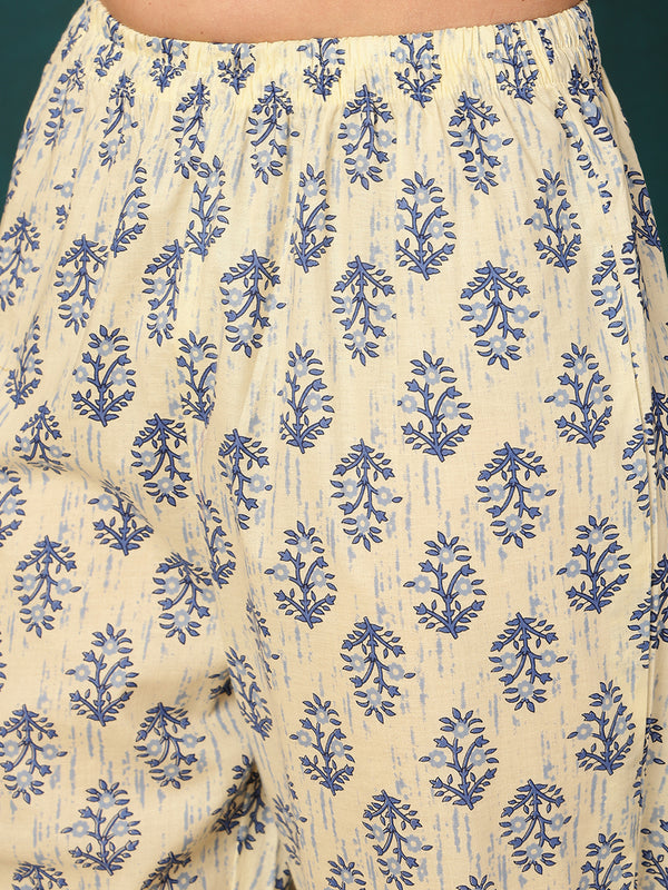 Blue Pure Cotton Floral Round Neck Flared Kurta, Pant & Dupatta Set For Women Mizaz Jaipur