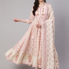Off White Pure Cotton Floral Round Neck Anarkali Kurta, Pant & Dupatta Set For Women Mizaz Jaipur