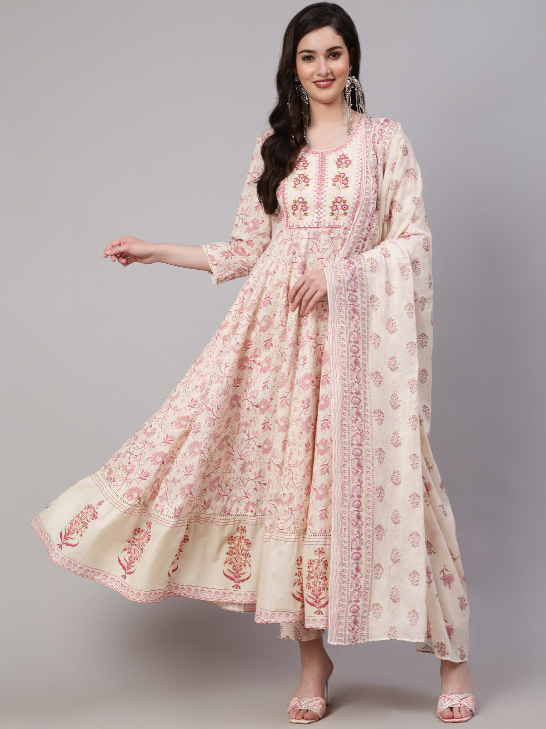 Off White Pure Cotton Floral Round Neck Anarkali Kurta, Pant & Dupatta Set For Women Mizaz Jaipur