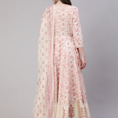 Off White Pure Cotton Floral Round Neck Anarkali Kurta, Pant & Dupatta Set For Women Mizaz Jaipur