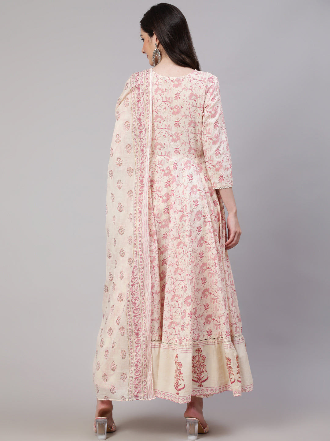 Off White Pure Cotton Floral Round Neck Anarkali Kurta, Pant & Dupatta Set For Women Mizaz Jaipur