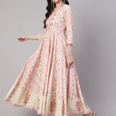 Off White Pure Cotton Floral Round Neck Anarkali Kurta, Pant & Dupatta Set For Women Mizaz Jaipur