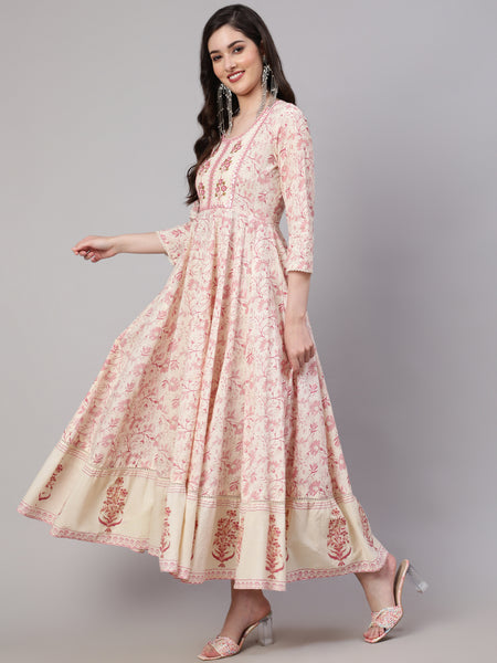 Off White Pure Cotton Floral Round Neck Anarkali Kurta, Pant & Dupatta Set For Women Mizaz Jaipur