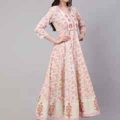 Off White Pure Cotton Floral Round Neck Anarkali Kurta, Pant & Dupatta Set For Women Mizaz Jaipur
