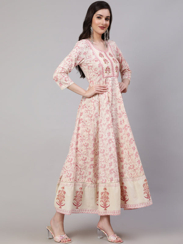 Off White Pure Cotton Floral Round Neck Anarkali Kurta, Pant & Dupatta Set For Women Mizaz Jaipur