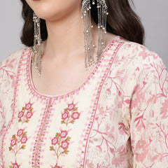 Off White Pure Cotton Floral Round Neck Anarkali Kurta, Pant & Dupatta Set For Women Mizaz Jaipur