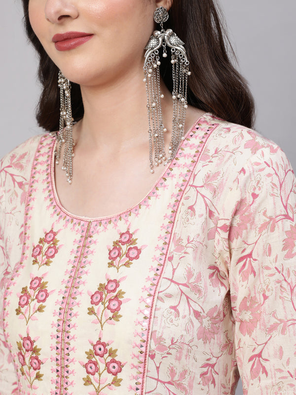 Off White Pure Cotton Floral Round Neck Anarkali Kurta, Pant & Dupatta Set For Women Mizaz Jaipur
