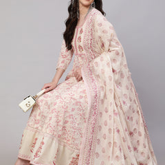 Off White Pure Cotton Floral Round Neck Anarkali Kurta, Pant & Dupatta Set For Women Mizaz Jaipur