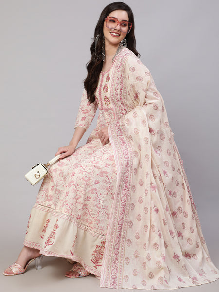Off White Pure Cotton Floral Round Neck Anarkali Kurta, Pant & Dupatta Set For Women Mizaz Jaipur