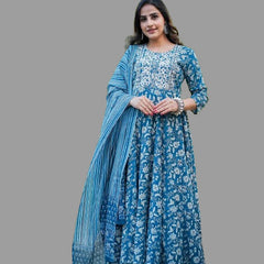 Teal Blue Pure Cotton Embroidered Round Neck Anarkali Kurta, Pant & Dupatta Set For Women Mizaz Jaipur
