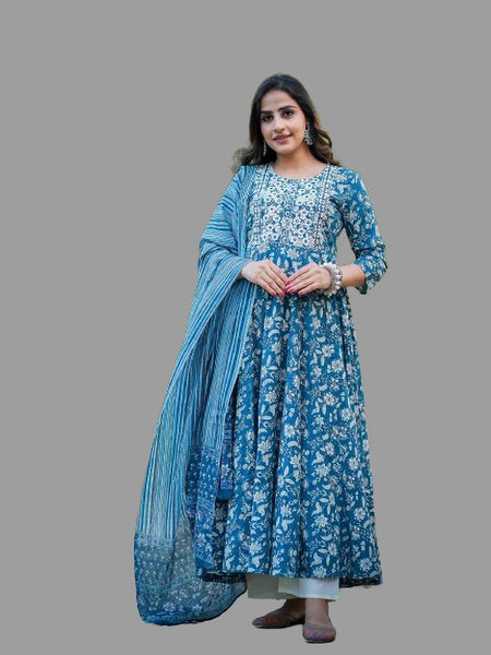 Teal Blue Pure Cotton Embroidered Round Neck Anarkali Kurta, Pant & Dupatta Set For Women Mizaz Jaipur