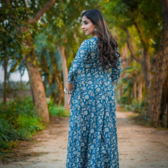 Teal Blue Pure Cotton Embroidered Round Neck Anarkali Kurta, Pant & Dupatta Set For Women Mizaz Jaipur