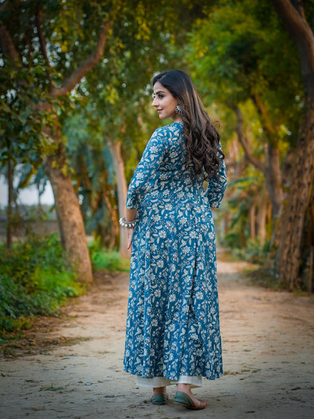 Teal Blue Pure Cotton Embroidered Round Neck Anarkali Kurta, Pant & Dupatta Set For Women Mizaz Jaipur