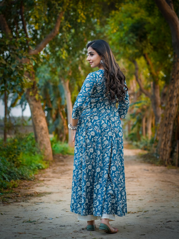 Teal Blue Pure Cotton Embroidered Round Neck Anarkali Kurta, Pant & Dupatta Set For Women Mizaz Jaipur