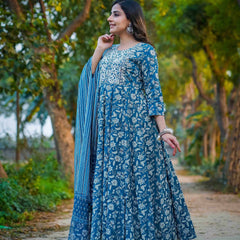 Teal Blue Pure Cotton Embroidered Round Neck Anarkali Kurta, Pant & Dupatta Set For Women Mizaz Jaipur