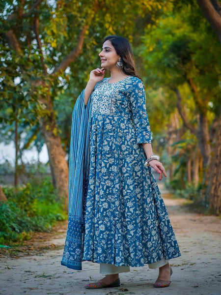 Teal Blue Pure Cotton Embroidered Round Neck Anarkali Kurta, Pant & Dupatta Set For Women Mizaz Jaipur