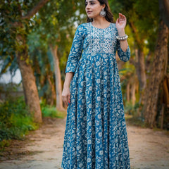 Teal Blue Pure Cotton Embroidered Round Neck Anarkali Kurta, Pant & Dupatta Set For Women Mizaz Jaipur
