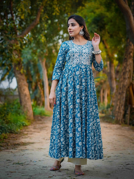Teal Blue Pure Cotton Embroidered Round Neck Anarkali Kurta, Pant & Dupatta Set For Women Mizaz Jaipur