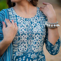 Teal Blue Pure Cotton Embroidered Round Neck Anarkali Kurta, Pant & Dupatta Set For Women Mizaz Jaipur