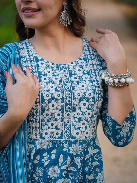 Teal Blue Pure Cotton Embroidered Round Neck Anarkali Kurta, Pant & Dupatta Set For Women Mizaz Jaipur
