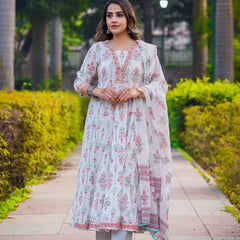 White Pure Cotton Embellished V Neck Anarkali Kurta, Pant & Dupatta Set For Women Mizaz Jaipur