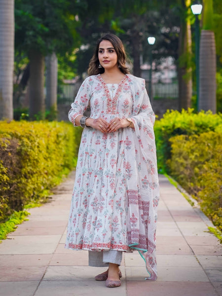White Pure Cotton Embellished V Neck Anarkali Kurta, Pant & Dupatta Set For Women Mizaz Jaipur
