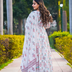 White Pure Cotton Embellished V Neck Anarkali Kurta, Pant & Dupatta Set For Women Mizaz Jaipur