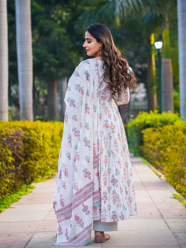 White Pure Cotton Embellished V Neck Anarkali Kurta, Pant & Dupatta Set For Women Mizaz Jaipur