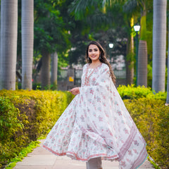 White Pure Cotton Embellished V Neck Anarkali Kurta, Pant & Dupatta Set For Women Mizaz Jaipur