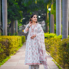 White Pure Cotton Embellished V Neck Anarkali Kurta, Pant & Dupatta Set For Women Mizaz Jaipur