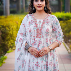 White Pure Cotton Embellished V Neck Anarkali Kurta, Pant & Dupatta Set For Women Mizaz Jaipur