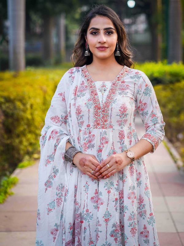 White Pure Cotton Embellished V Neck Anarkali Kurta, Pant & Dupatta Set For Women Mizaz Jaipur