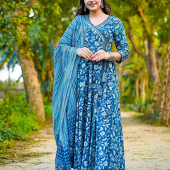 Teal Blue Pure Cotton Floral V Neck Flared Kurta, Pant & Dupatta Set For Women Mizaz Jaipur