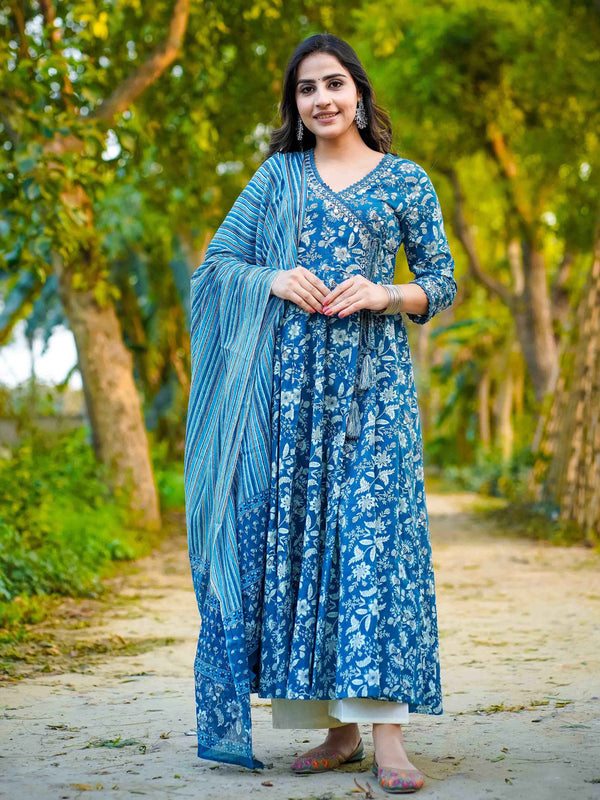 Teal Blue Pure Cotton Floral V Neck Flared Kurta, Pant & Dupatta Set For Women Mizaz Jaipur