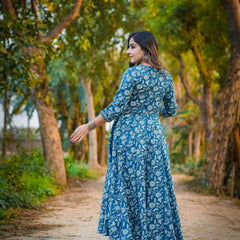 Teal Blue Pure Cotton Floral V Neck Flared Kurta, Pant & Dupatta Set For Women Mizaz Jaipur