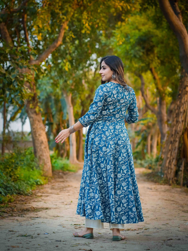Teal Blue Pure Cotton Floral V Neck Flared Kurta, Pant & Dupatta Set For Women Mizaz Jaipur