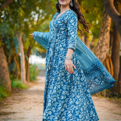 Teal Blue Pure Cotton Floral V Neck Flared Kurta, Pant & Dupatta Set For Women Mizaz Jaipur