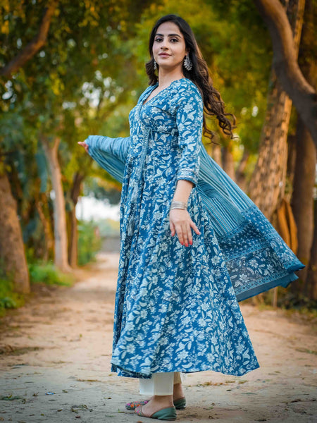 Teal Blue Pure Cotton Floral V Neck Flared Kurta, Pant & Dupatta Set For Women Mizaz Jaipur