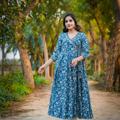 Teal Blue Pure Cotton Floral V Neck Flared Kurta, Pant & Dupatta Set For Women Mizaz Jaipur
