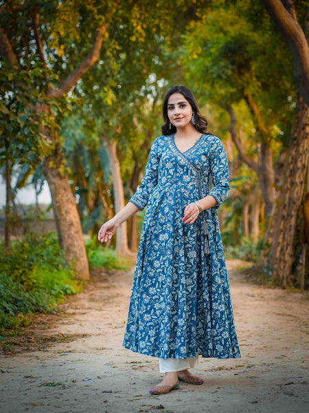 Teal Blue Pure Cotton Floral V Neck Flared Kurta, Pant & Dupatta Set For Women Mizaz Jaipur