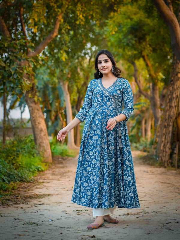 Teal Blue Pure Cotton Floral V Neck Flared Kurta, Pant & Dupatta Set For Women Mizaz Jaipur