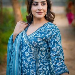 Teal Blue Pure Cotton Floral V Neck Flared Kurta, Pant & Dupatta Set For Women Mizaz Jaipur