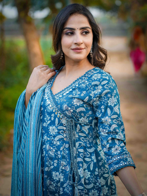Teal Blue Pure Cotton Floral V Neck Flared Kurta, Pant & Dupatta Set For Women Mizaz Jaipur