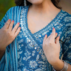Teal Blue Pure Cotton Floral V Neck Flared Kurta, Pant & Dupatta Set For Women Mizaz Jaipur