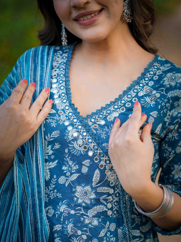 Teal Blue Pure Cotton Floral V Neck Flared Kurta, Pant & Dupatta Set For Women Mizaz Jaipur